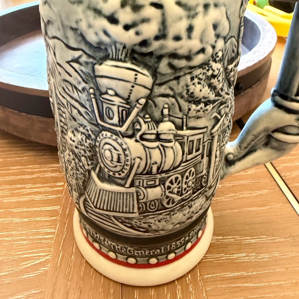 Avon Ceramic Stein Mug in Black, White and Red Train Motif